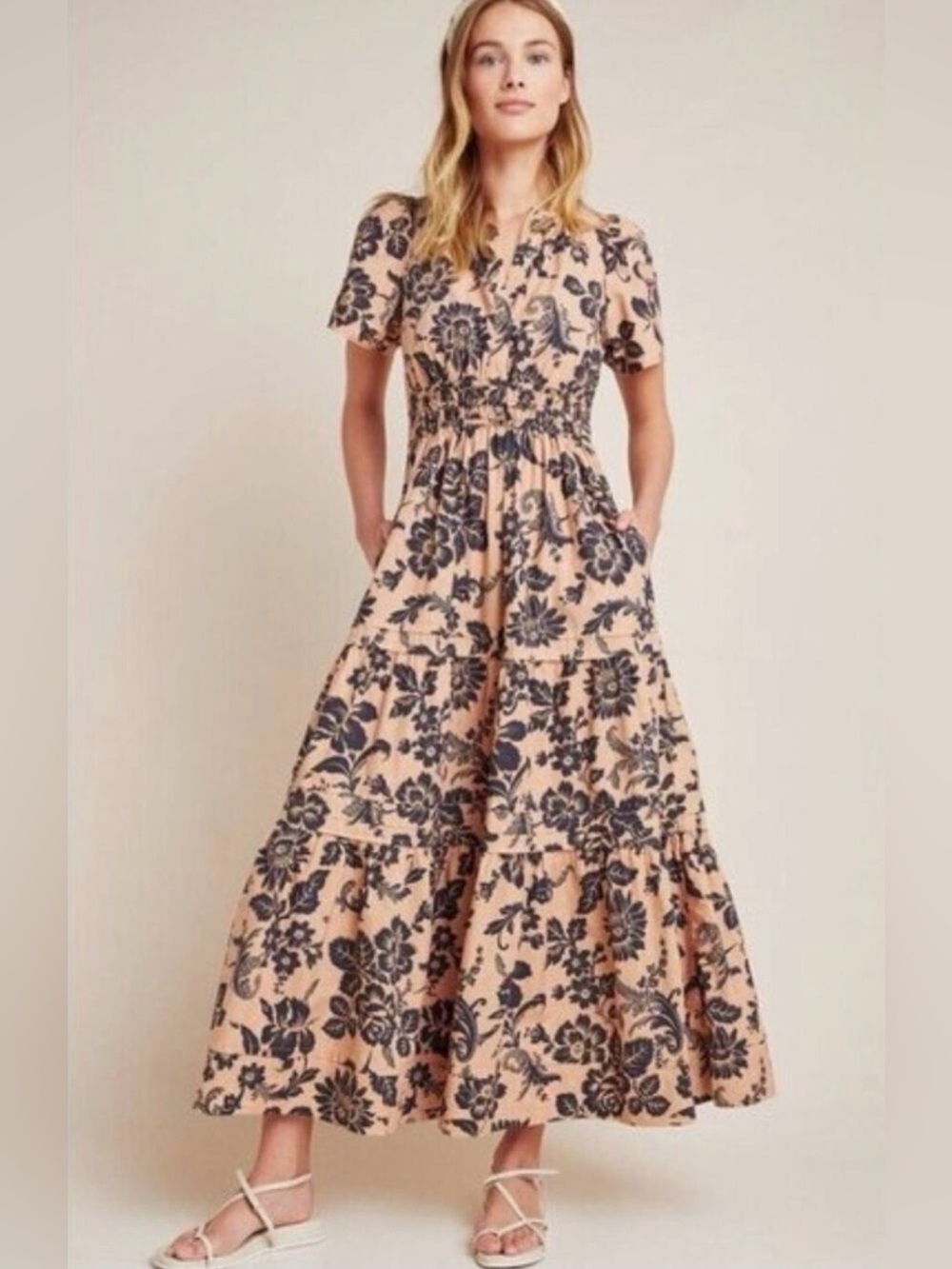Anthropologie Somerset Maxi Dress with Tan with Black Floral Print